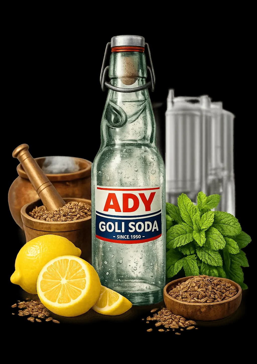 ADY Goli Soda Bottle and Raw Ingredients (Lemon, Jeera, Mint) illustrating tradition and modern production